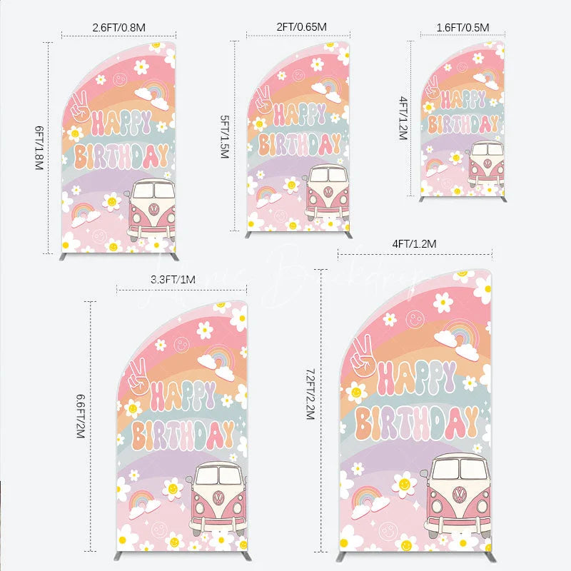 Lofaris Retro Groovy Happy Birthday Half Moon Arch Backdrop Pastel Rainbow with Daisies Peace Sign and Vintage Camper Van