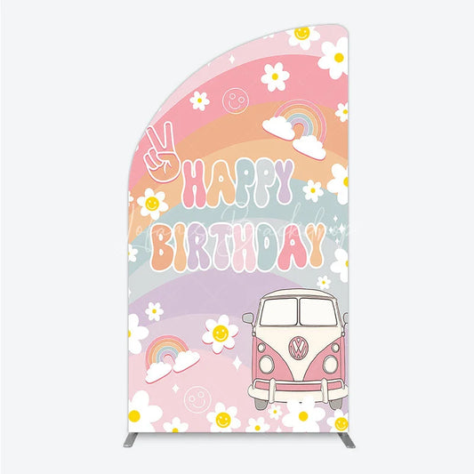 Lofaris Retro Groovy Happy Birthday Half Moon Arch Backdrop Pastel Rainbow with Daisies Peace Sign and Vintage Camper Van