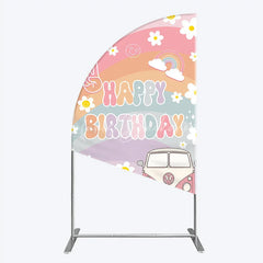 Lofaris Retro Groovy Happy Birthday Half Moon Arch Backdrop Pastel Rainbow with Daisies Peace Sign and Vintage Camper Van