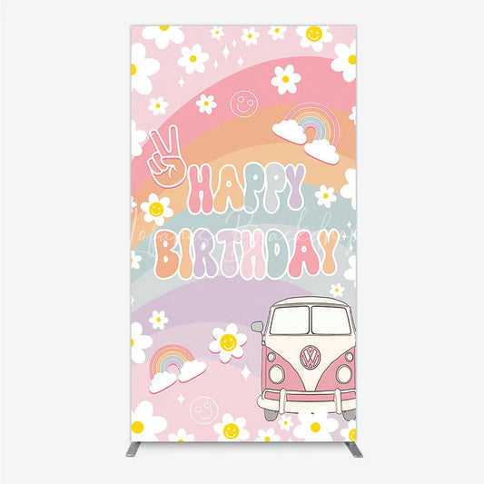 Lofaris Retro Groovy Happy Birthday Rectangle Backdrop Pastel Rainbow with Daisies Peace Sign and Vintage Camper Van