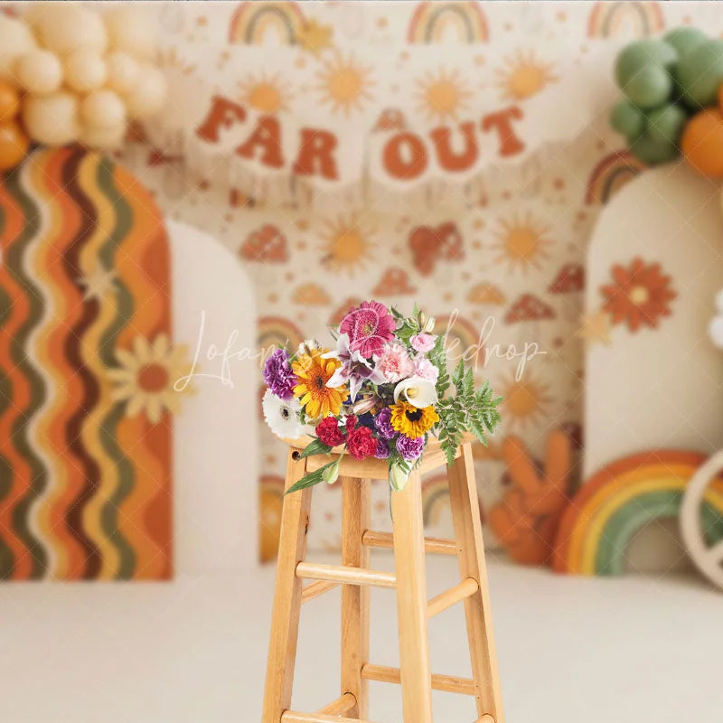 Lofaris Retro Groovy One Birthday Backdrop Boho Far Out Rainbow and Daisy Flowers Cake Smash Photography Background
