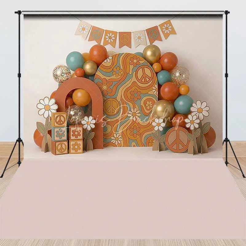Lofaris Retro Groovy Peace Sign and Daisy Combo Set Backdrop Orange Teal Gold Balloons Birthday Party Decor