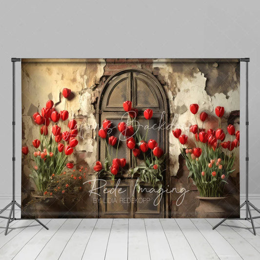 Lofaris Retro Grunge Wall Backdrop Bright Red Tulips and Distressed Door Photography Background for Spring Portrait Props