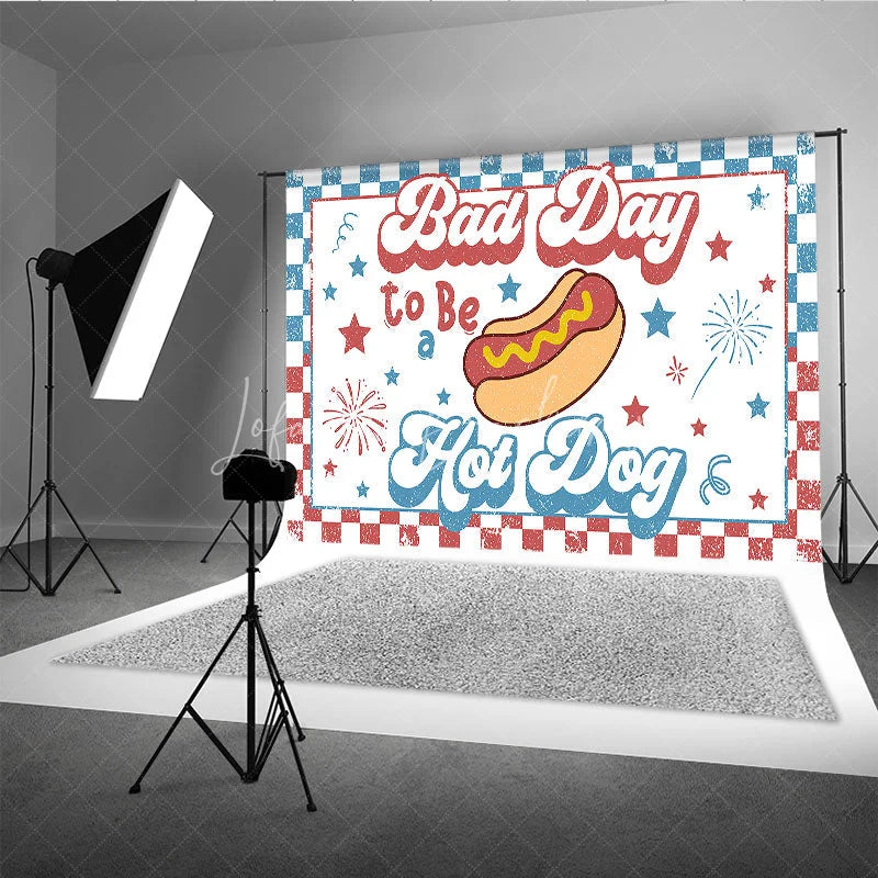 Lofaris Retro Hot Dog Bad Day to Be a Holiday Backdrop Patriotic Stars and Fireworks Summer Party Decor