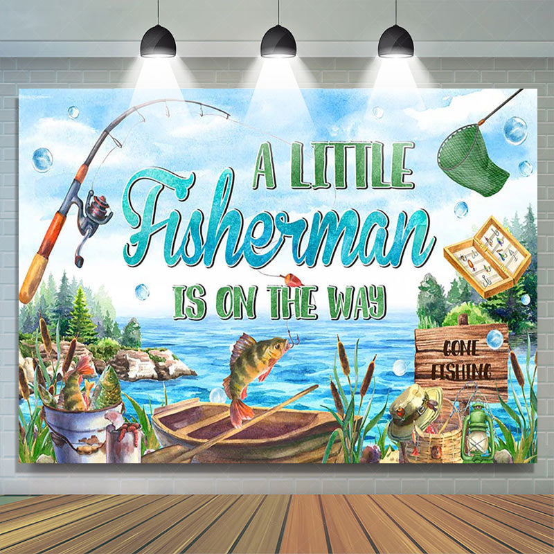 Lofaris Retro Lake Little Fisherman Baby Shower Backdrop