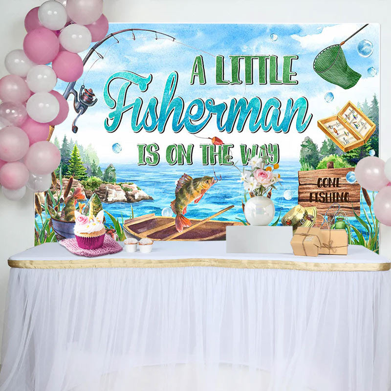 Lofaris Retro Lake Little Fisherman Baby Shower Backdrop