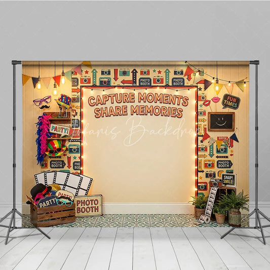 Lofaris Retro Photo Booth Photography Backdrop with Marquee Lights Vintage Cameras and Fun Party Props for Capturing Memories
