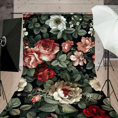 Lofaris Retro Plant Leaves Red Pink Floral Sweep Backdrop