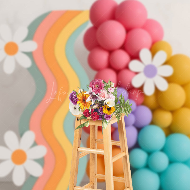Lofaris Retro Rainbow and Daisy Cake Smash Backdrop Wavy Panel with Balloons Flowers Groovy First Birthday Photo Prop
