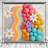 Lofaris Retro Rainbow and Daisy Cake Smash Backdrop Wavy Panel with Balloons Flowers Groovy First Birthday Photo Prop