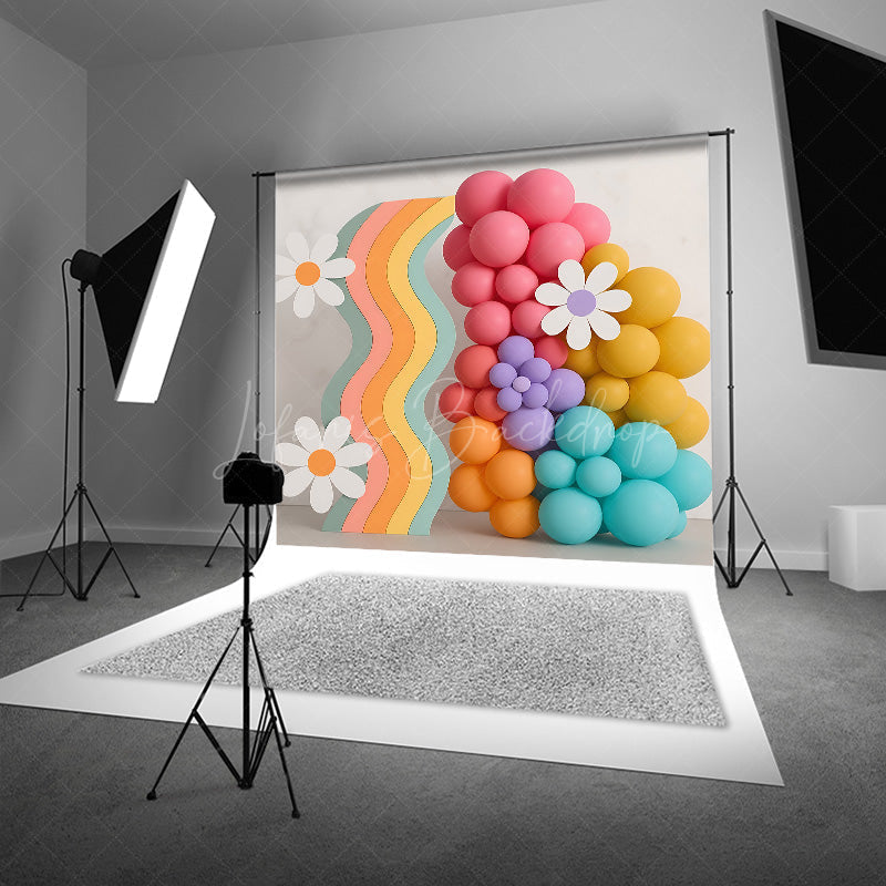 Lofaris Retro Rainbow and Daisy Cake Smash Backdrop Wavy Panel with Balloons Flowers Groovy First Birthday Photo Prop
