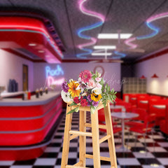 Lofaris Retro Red Rock Diner Plaid Floor Photography Backdrop