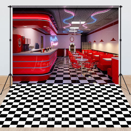 Lofaris Retro Restaurant Chessboard Rug Combo Set Backdrop