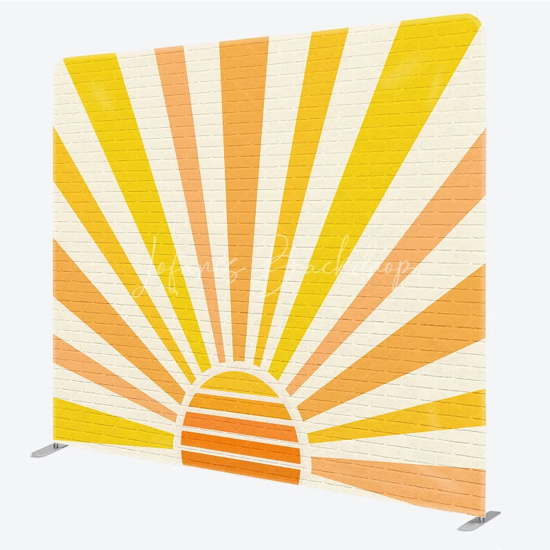 Lofaris Retro Sunburst Brick Wall Tension Fabric Backdrop Yellow Orange Rising Sun Background Sunshine Party Decoration
