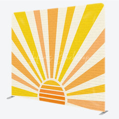 Lofaris Retro Sunburst Brick Wall Tension Fabric Backdrop Yellow Orange Rising Sun Background Sunshine Party Decoration