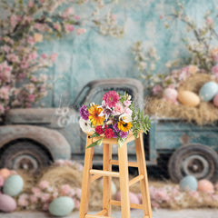 Lofaris Retro Truck Haystack With Eggs Floral Easter Backdrop