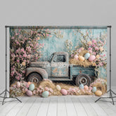 Lofaris Retro Truck Haystack With Eggs Floral Easter Backdrop