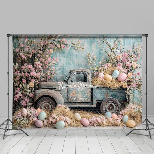 Lofaris Retro Truck Haystack With Eggs Floral Easter Backdrop