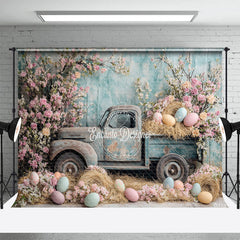 Lofaris Retro Truck Haystack With Eggs Floral Easter Backdrop