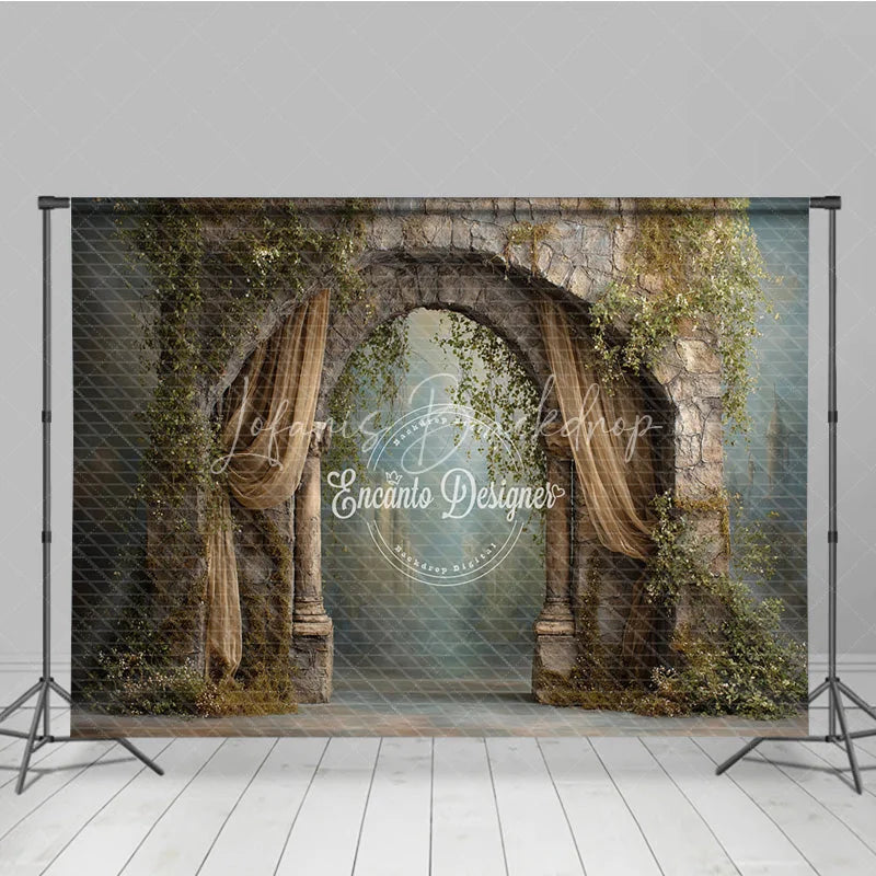 Lofaris Retro Wall Backdrop Stone Archway with Gold Drapes Vintage Castle Photography Background Prop Vines