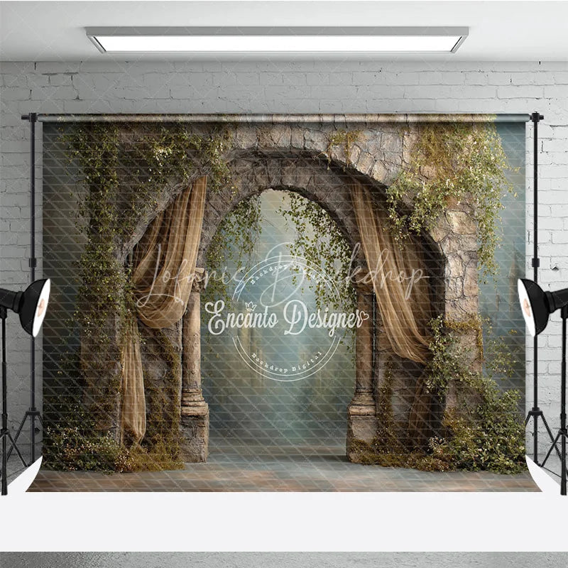 Lofaris Retro Wall Backdrop Stone Archway with Gold Drapes Vintage Castle Photography Background Prop Vines