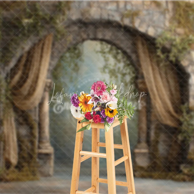 Lofaris Retro Wall Backdrop Stone Archway with Gold Drapes Vintage Castle Photography Background Prop Vines