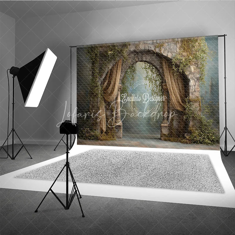 Lofaris Retro Wall Backdrop Stone Archway with Gold Drapes Vintage Castle Photography Background Prop Vines