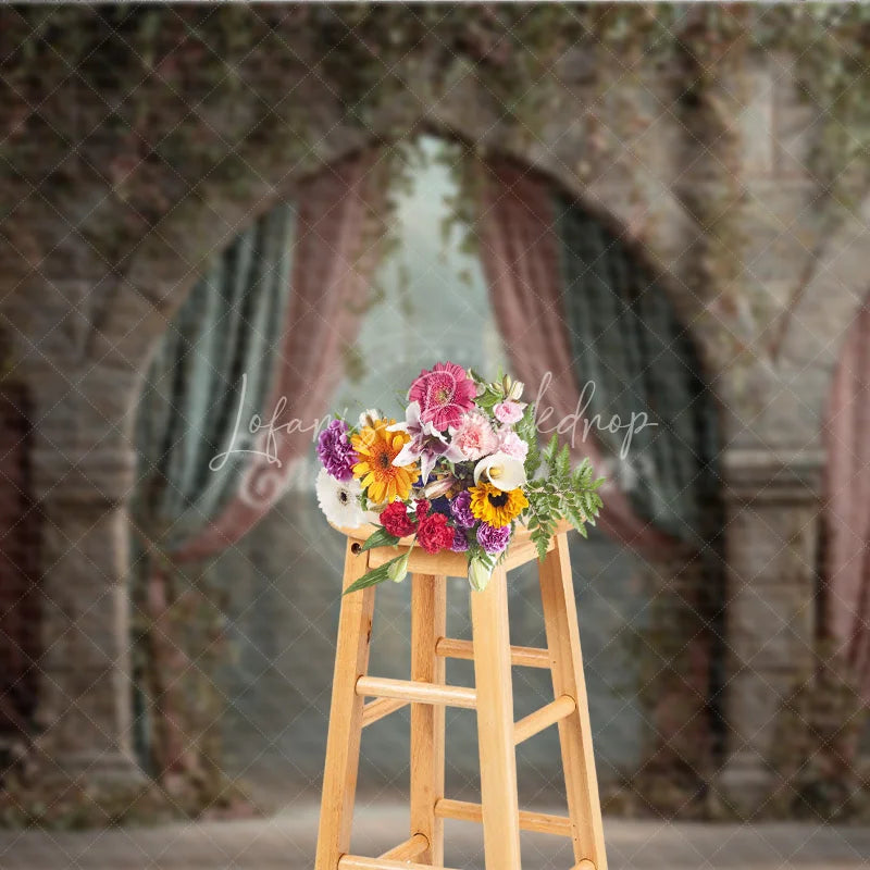 Lofaris Retro Wall Backdrop Stone Archway with Pink Drapes Vintage Castle Photography Background Prop Vines