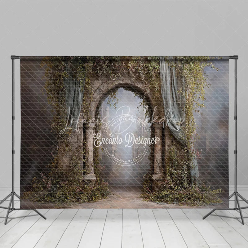 Lofaris Retro Wall Backdrop Stone Archway with Vines and Blue Drapes Vintage Castle Photography Background Prop