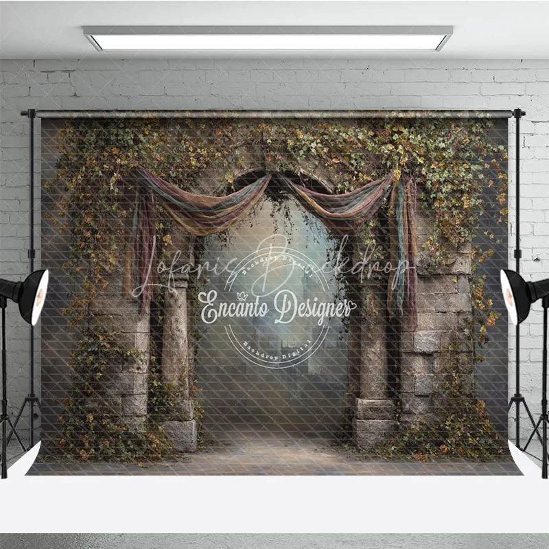 Lofaris Retro Wall Backdrop Stone Archway with Vines and Drapes Vintage Castle Photography Background Prop