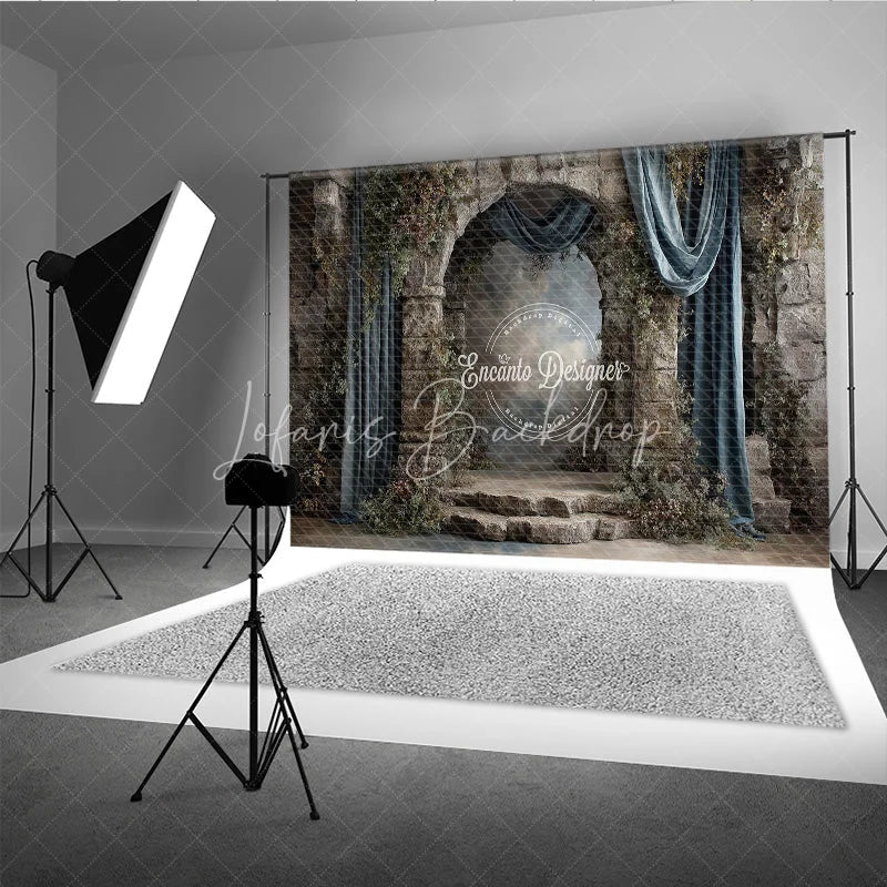 Lofaris Retro Wall Backdrop Stone Castle Arch with Blue Drapes Vintage Moody Photography Background Prop