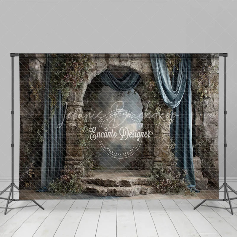 Lofaris Retro Wall Backdrop Stone Castle Arch with Blue Drapes Vintage Moody Photography Background Prop