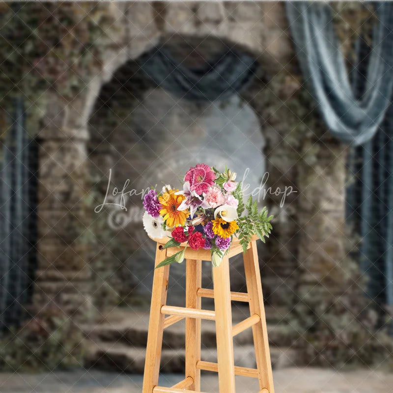 Lofaris Retro Wall Backdrop Stone Castle Arch with Blue Drapes Vintage Moody Photography Background Prop