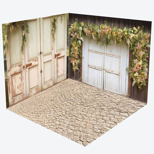 Lofaris Retro White Wooden Door Greenery Room Set Backdrop