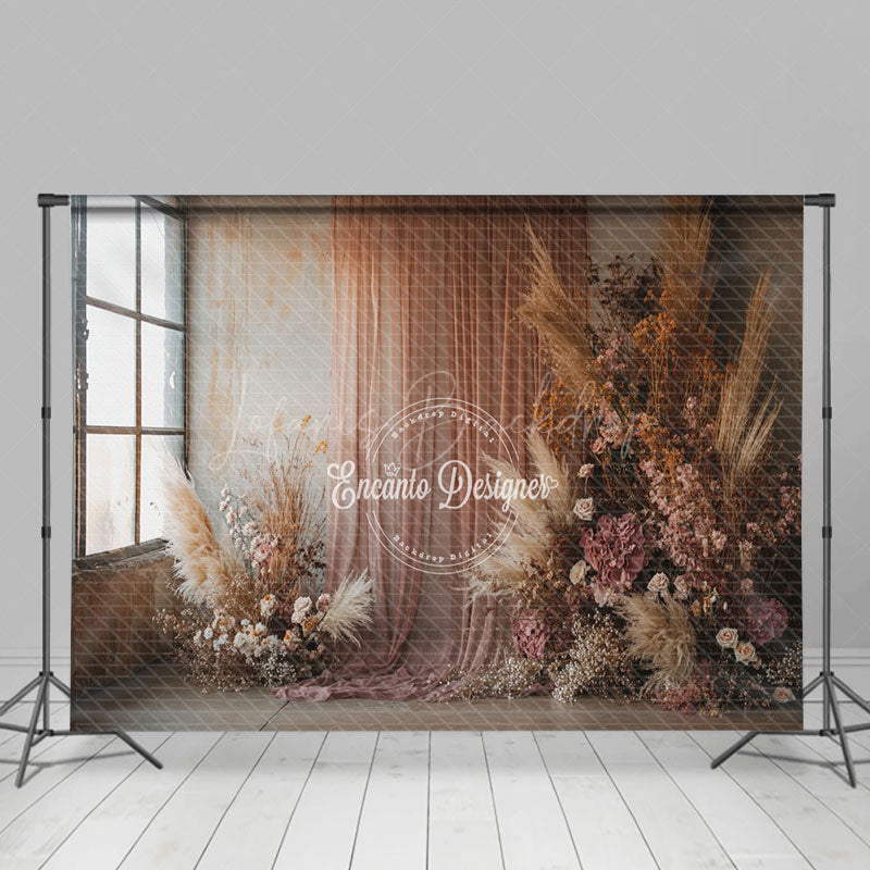 Lofaris Retro Window Boho Reed Floral Wedding Photo Backdrop
