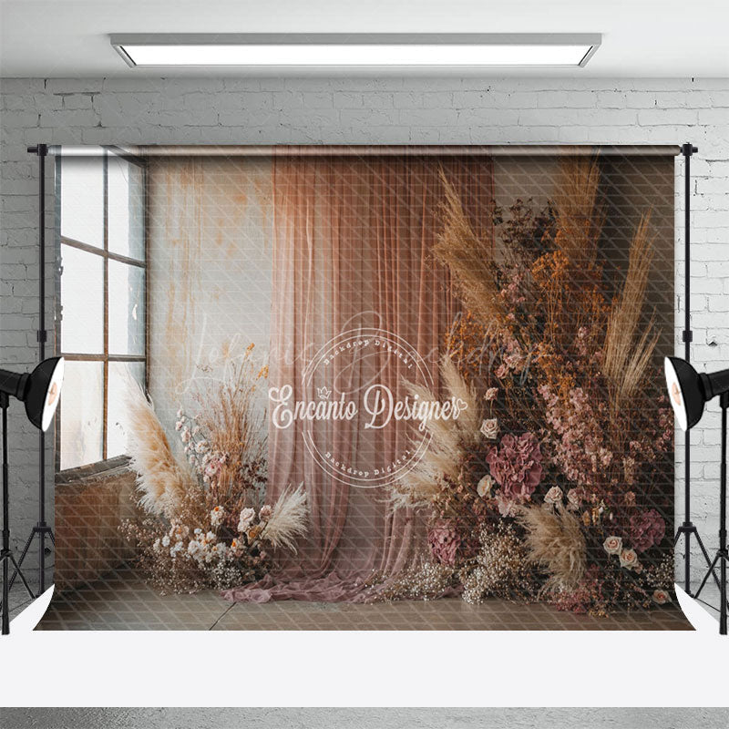 Lofaris Retro Window Boho Reed Floral Wedding Photo Backdrop