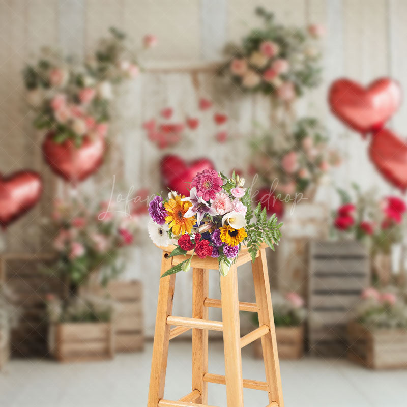 Lofaris Retro Wooden Floral Balloons Valentines Day Backdrop