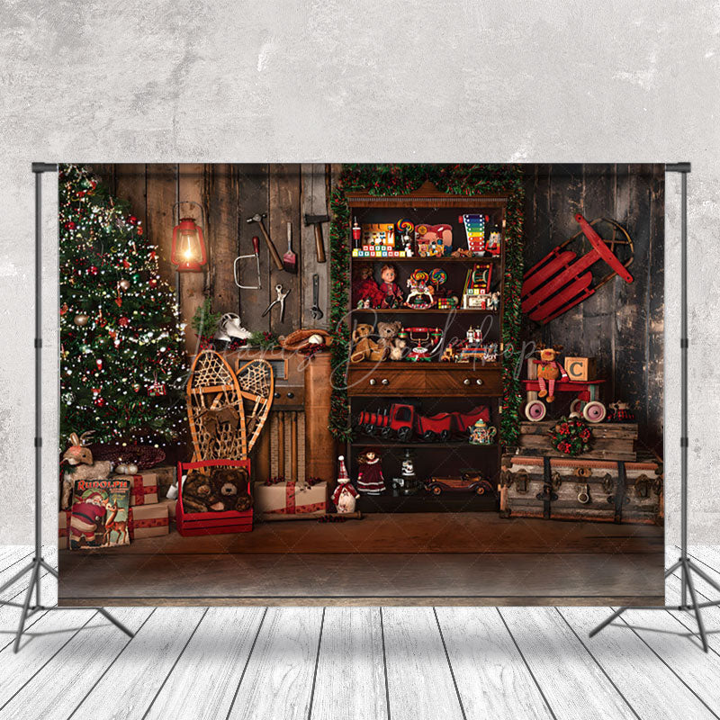 Lofaris Retro Wooden Santa Workshop Christmas Night Backdrop