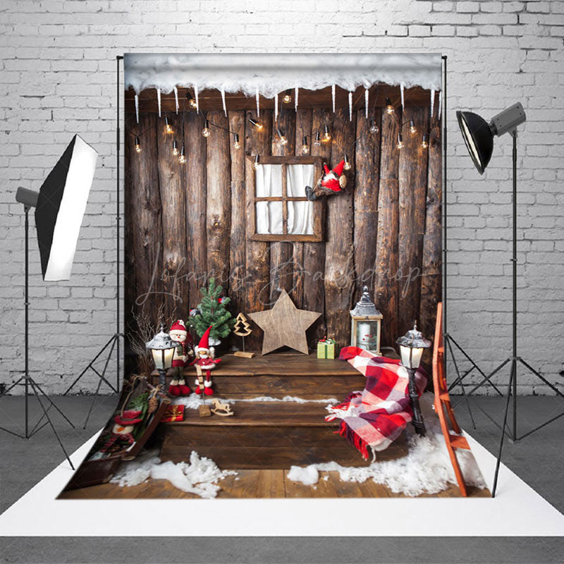 Lofaris Retro Wooden Staris Snowy Christmas Vibe Backdrop