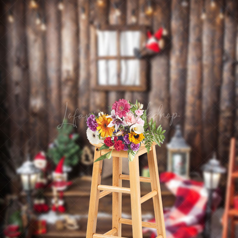 Lofaris Retro Wooden Staris Snowy Christmas Vibe Backdrop