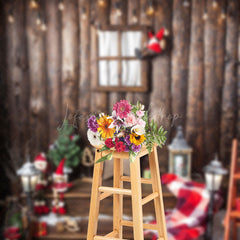 Lofaris Retro Wooden Staris Snowy Christmas Vibe Backdrop