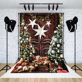 Lofaris Retro Wooden Xmas Tree Bears Christmas Backdrop