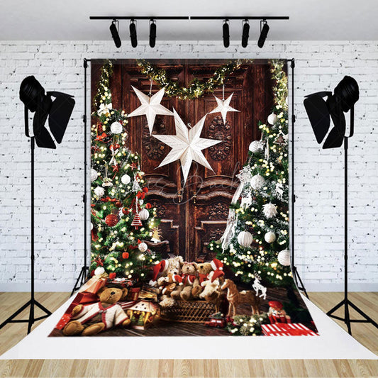 Lofaris Retro Wooden Xmas Tree Bears Christmas Backdrop