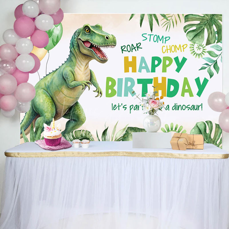 Lofaris Roar Chomp Dinosuar Green Leaves Birthday Backdrop