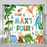 Lofaris Roar I’m Four Custom Dinosaur Birthday Backdrop Boys 4th Bday Party Personalized T Rex and Volcano Photo Prop