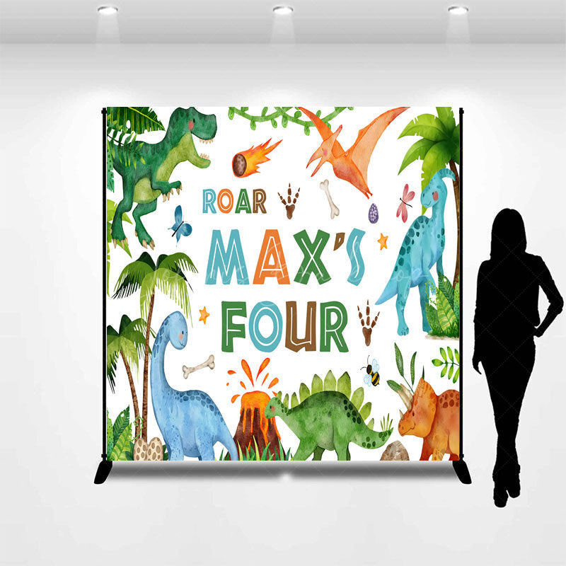 Lofaris Roar I’m Four Custom Dinosaur Birthday Backdrop Boys 4th Bday Party Personalized T Rex and Volcano Photo Prop