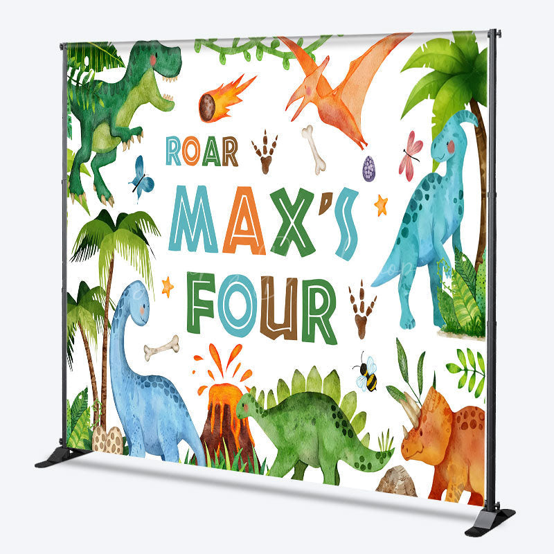 Lofaris Roar I’m Four Custom Dinosaur Birthday Backdrop Boys 4th Bday Party Personalized T Rex and Volcano Photo Prop