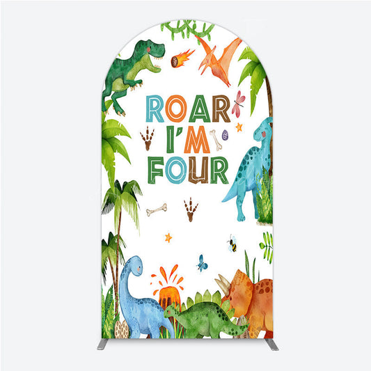 Lofaris Roar I’m Four Dinosaur Birthday Arch Backdrop Boys 4th Bday Party Banner T Rex and Volcano Jungle Photo Prop