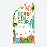 Lofaris Roar I’m Four Dinosaur Birthday Half Moon Arch Backdrop Boys 4th Bday Party Banner T Rex and Volcano Jungle Photo Prop