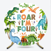 Lofaris Roar I’m Four Dinosaur Birthday Round Backdrop Boys 4th Bday Party Banner T Rex and Volcano Jungle Photo Prop